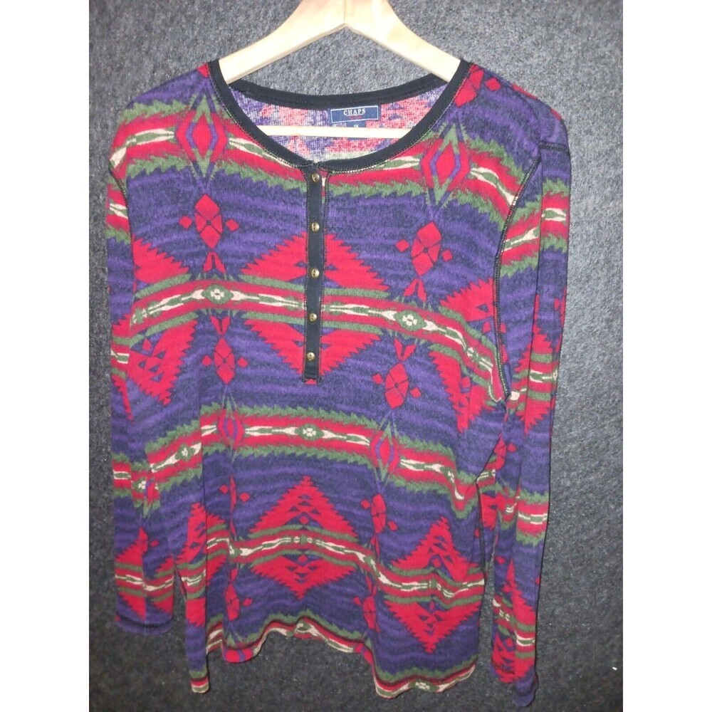 Chaps Denim Aztec Print Long Sleeve Waffle‎ Knit Rib Thermal Henley Top Shirt 1x